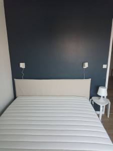 Photo de galerie - Enduit,ponçage,pose toile ténovation lisse + peinture blanc velour avec un mur bleu nuit et pose de 2 applique luminaire