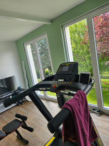 Photo de galerie - Création d'une salle de sport dans un ancien garage, plafond et 2 mur ferraille, laine de verre et pose ba13. Les autres murs placo polystyrène collé suivi de bande, ponçage et peinture dont teinte. Sol ragreage complet et pose de lame pvc clipsable.