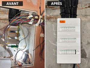 Photo de galerie - Rénovation complète et remise aux normes d’un tableau électrique 3 rangées Schneider Electric : reprise du câblage, raccordement des circuits et installation des protections différentielles pour une sécurité optimale.