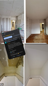 Photo de galerie - Renovation, Pose d'une trame au plafond au vu de nombreuse fissure, toile lisse sur les murs, pose de bandes a joint, tapisserie decoratifs, peinture rose claire et blanc cassé pour l'escalier, décapage + peinture spécial boiserie sur bandeau bois mural 