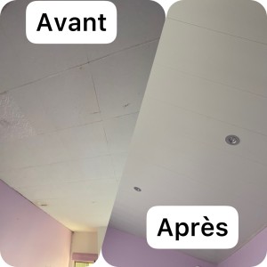 Photo de galerie - Isolation d’un plafond-Pose d’un lambris pvc en revêtement-Pose de spot d’éclairage électrique 