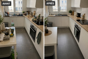 Photo de galerie - Nettoyage complet de la cuisine : plan de travail, évier, plaques, surfaces et sol.