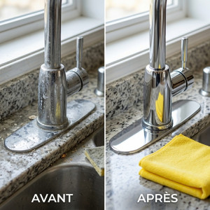 Photo de galerie - Nettoyage et détartrage complet d'une robinetterie de cuisine. Élimination des traces de calcaire incrustées pour redonner de l'éclat au chrome.