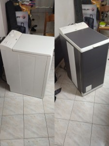 Photo de galerie - Pose de revêtement vinyle sur machine à laver.