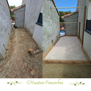 Photo de galerie - Chantier Fonsorbes. Création d'un petit terrain de pétanque 6 x 2,50 avec barre de gymnastique pour leurs filles.