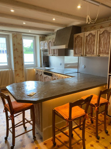 Photo de galerie - Rénovation cuisine porte chêne. plan de travail en béton ciré. pose induction et évier. 