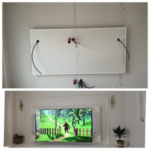 Photo de galerie - Réalisation d'un mur TV avec applique mural connecté ainsi qu'un home cinéma encastrable 