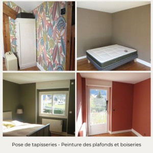 Photo de galerie - Pose de tapisserie dans une maison en rénovation, peinture plafonds et boiseries.