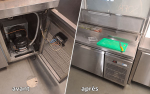 Photo de galerie - Dépannage d’urgence pour remettre en service une table réfrigérée positive. Remplacement du régulateur de température, de la sonde, recharge de gaz et contrôle complet.