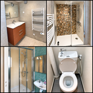 Photo de galerie - Installation et remplacement d’équipements sanitaires : douche, meuble vasque, robinetterie, WC et sèche-serviettes.