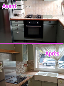 Photo de galerie - Rénovation cuisine (plan de travail, évier timbre, étagères, meubles kit) 