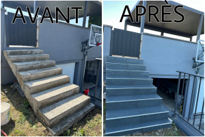 Photo de galerie - Posé du carrelage sur l’escalier extérieur en béton.