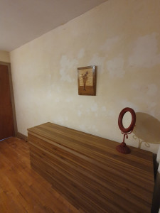 Photo de galerie - Peinture torchis à la chaux fait maison, nettoyage javellisé d'un mur , ponçage , rebouchage, enduit d'un mur en piteux etat, effet superbe de papier mâché 