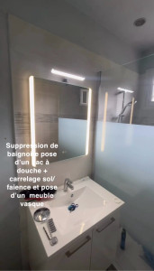 Photo de galerie - Salle de bain complète refaite dépose baignoire remplacement par un banc à douche  