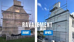 Photo de galerie - Ravalement complet d'un pignon de maison avec pose d'échafaudage.