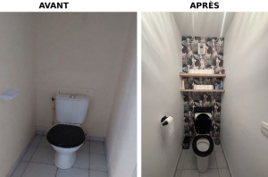Photo de galerie - Remise en état d’un toilette avec pose de tapisserie et étagère 