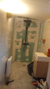 Photo de galerie - Demolition et reconstruction d'une douche italienne du a des infiltrations d'eau, change du piano, placo, isolation, carrelage 