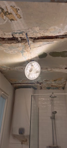 Photo de galerie - Rénovation plafond SDB après dégât des eaux - Grattage, traitement anti-rouille, réparation mortier, enduit et peinture. Finition pro et durable.