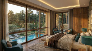 Photo de galerie - Suite moderne avec baies vitrées sur piscine et jardin méditerranéen. Tons verts et bois naturel créant une ambiance sereine. Design confortable privilégiant repos et connexion extérieur.