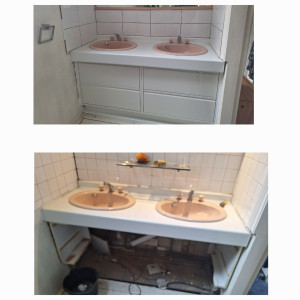 Photo de galerie - Modernisation en cour d' une partie de salle de bain avec conservation des lavabos vintage. 