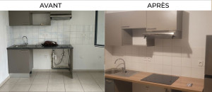 Photo de galerie - ​travaux de rénovationque : Démontage de l'ancien plan de travail. Fourniture et pose Découpes sur mesure pour l'évier et la plaque de cuisson. Ajustement précis du plan de travail contre le réfrigérateur.Renforcement(pose d'un pied et d'équerres