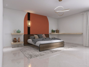 Photo de galerie - Conception 3D d'une chambre aux accents terracotta, alliant chaleur et épure. Arche murale signature, tête de lit en rotin, étagères flottantes et luminaires sculptурaux pour une ambiance à la fois bold et sereine.