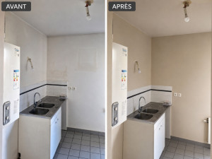 Photo de galerie - Rebouchage de petits trous, lissage des murs et application de deux couches de peinture beige lin. Une cuisine rafraîchie, propre et lumineuse avec une finition soignée.