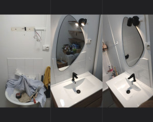 Photo de galerie - Dépose ancien évier et installation meuble + évier + luminaire et miroir 