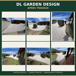 Photo de galerie - Aménagement complet de la cour avec pose d’alvéoles, gravier stabilisé et création de bordures. Finitions soignées pour un extérieur propre, durable et harmonieux.
