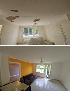 Photo de galerie - Avent après d'un salon qui tomber en ruine comme vous pouvez le voir. Mon client a opté pour ce Orange Chayotte pour un salon beaucoup plus accueillant.