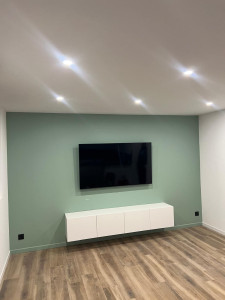Photo de galerie - Rénovation salon : pose de placo, ratissage, peinture (blanc & vert sauge), carrelage effet bois et spots LED encastrés. Un rendu moderne et soigné.

