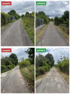 Photo de galerie - Fauchage des accotements de chemin : herbes hautes coupées de chaque côté, le long des clôtures et des haies. Passage dégagé, propre et sécurisé.