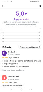 Photo de galerie - 108 avis sur yoojo avec une note de 5 sur 5 ⭐⭐⭐⭐⭐
Un sans faute
100 % de satisfaction des clients
Classé top prestataire par yoojo