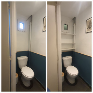 Photo de galerie - Découpe et installation de tablettes pour rangement WC.