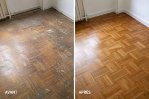 Photo de galerie - • Ponçage gros grain / moyen / finition • Aspiration des poussières • Rebouchage léger des joints et imperfections • Finition vitrification 3 couches 