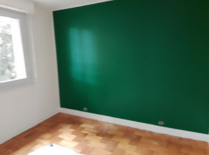 Photo de galerie - Peinture d'une chambre plafond blanc mat velours vert pour la couleur et velours blanc pour les autres murs