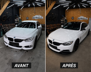 Photo de galerie - Installation d’un kit carrosserie et covering du toit en noir brillant. Un résultat propre, avec une finition soignée qui change complètement le look du véhicule.