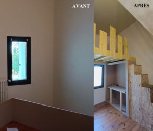 Photo de galerie - Création meuble bureau (medium 20mm) pour fabriquer une mezzanine (Bastaings /chevrons/OSB) avec garde-corps imaginé par le client. Escalier avec porte (OSB pour paroi et planches sapin pour les marches)