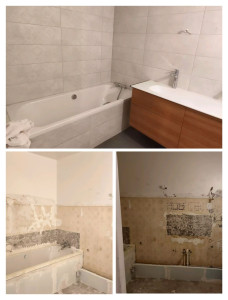Photo de galerie - Rénovation complète d'une salle de bain.
Démolition/plomberie/électricité/carrelage/peinture/montage de meubles.