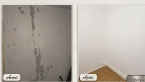 Photo de galerie - Pose de toile de verre pour masquer les fissures et renforcer le mur