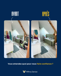 Photo de galerie - Prestation d’entretien et de désencombrement d’une salle de bain : ramassage et rangement des vêtements épars, nettoyage et remise en ordre complète de l’espace. Un résultat visible du premier coup d’œil.