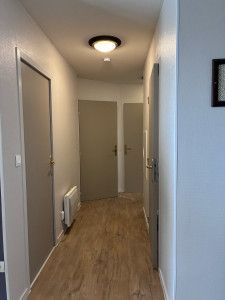 Photo de galerie - Rénovation du couloir : peinture, pose du sol PVC et finitions autour des portes.