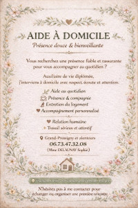 Photo de galerie - Auxiliaire de vie diplômée, accompagnement au quotidien : aide au lever, toilette, repas, entretien du domicile. Sérieuse et attentive aux besoins.