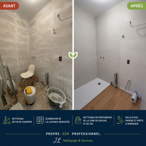 Photo de galerie - Nettoyage de fin de chantier – salle d’eau. Élimination de laitance incrustée, résidus et poussières, nettoyage en profondeur de la zone de douche et du sol. Résultat propre, soigné et prêt à aménager.
