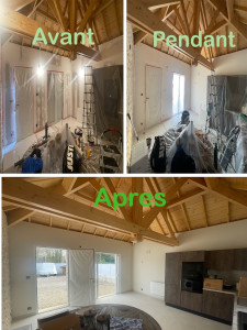 Photo de galerie - Préparation des murs avec enduit de lissage, application d’une sous-couche et finition avec deux couches de peinture velours gris.