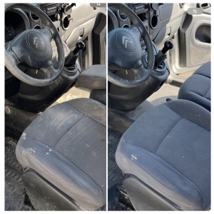 Photo de galerie - Avant / Après - Nettoyage intégral de l’ intérieur d’un véhicule artisan peintre. Plâtre et Peinture incrustés dans tout l’habitacle.