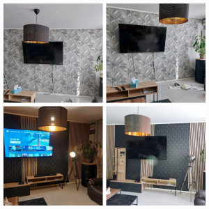 Photo de galerie - Murs et plafond refait entièrement papier décoratif plaque de bois collé au mur peinture plafond lustre posé et ecran accroché au mur 