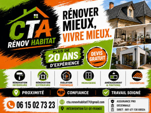 Photo de galerie - CTA RENOV HABITAT – Artisan tout corps d’état

Rénovation intérieure et extérieure, couverture, isolation, placo, maçonnerie, revêtements et finitions.
Un seul interlocuteur pour vous accompagner dans vos travaux, avec sérieux, proximité et savoir-faire.
