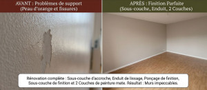 Photo de galerie - Rénovation complète: Sous-couche d'accroche, Enduit de lissage, Ponçage de finition, Sous-couche de finition et 2 Couches de peinture mate. Résultat: Murs impeccables.