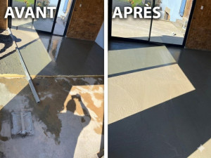 Photo de galerie - ​Avant / Après : Transformation de terrasse. > Suppression des irrégularités et application d'un revêtement lisse pour un rendu moderne et soigné. Travail de précision sur les niveaux.

